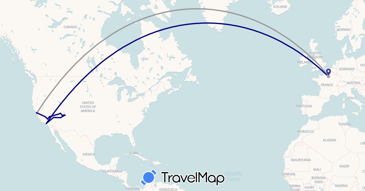 TravelMap itinerary: driving, plane, train in France, United Kingdom, United States (Europe, North America)